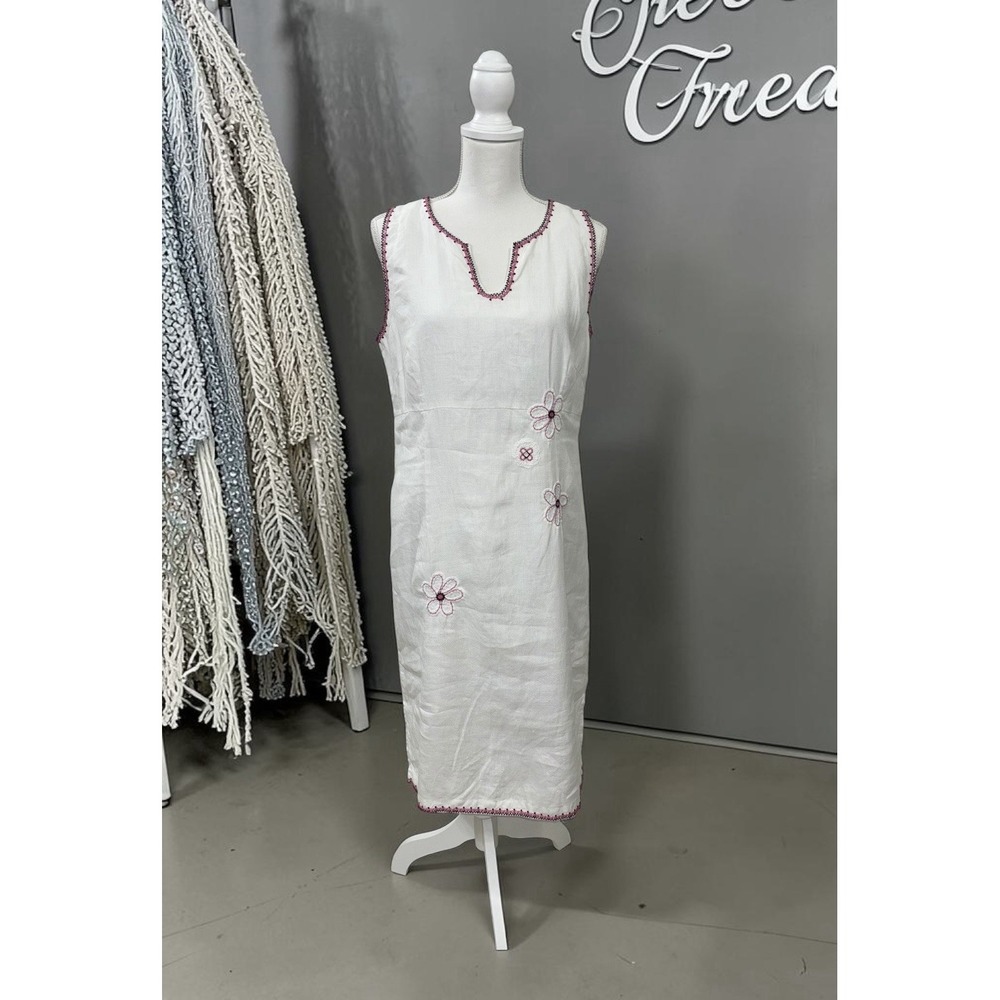 Willi Smith VTG Linen Dress L‎ White Pink Floral Embroidered Shift Midi Coastal